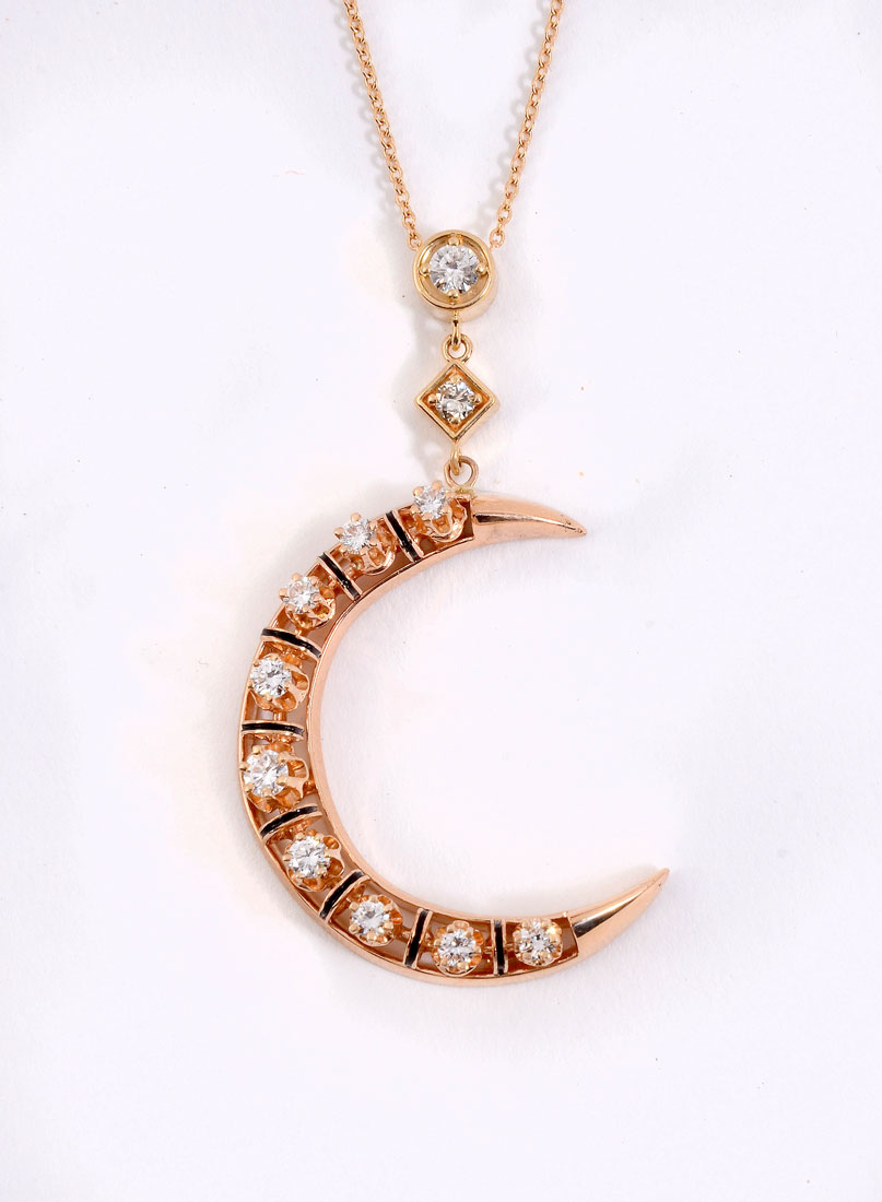 Appraisal: DIAMOND AND K ROSE GOLD CRESCENT MOON PENDANT CHAIN round