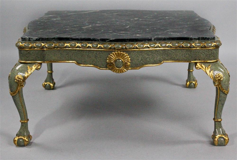 Appraisal: ORNATE CARVED COFFEE TABLE WITH GREEN MARBLE INSET TOP serpentine