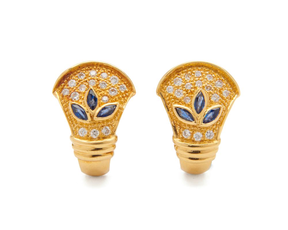 Appraisal: K Gold Sapphire and Diamond Earclips the shield-form earclips each