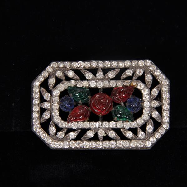 Appraisal: Art Deco Unmarked Molded Glass Pave Floral Rose Brooch Pin