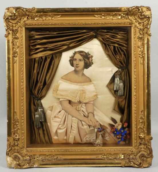 Appraisal: Framed Lady in Dress Curtains Shadowbox Description Beautiful framed cardboard