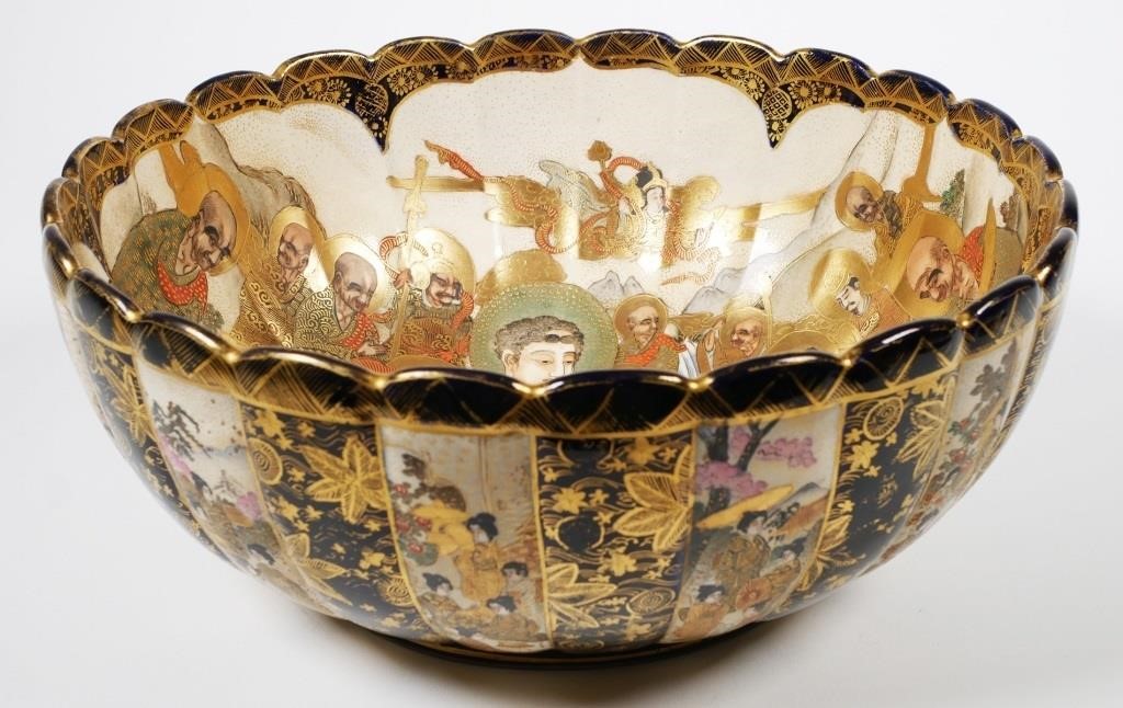 Appraisal: Large - diameter ribbed bowl Inside depicts the arhats Outside