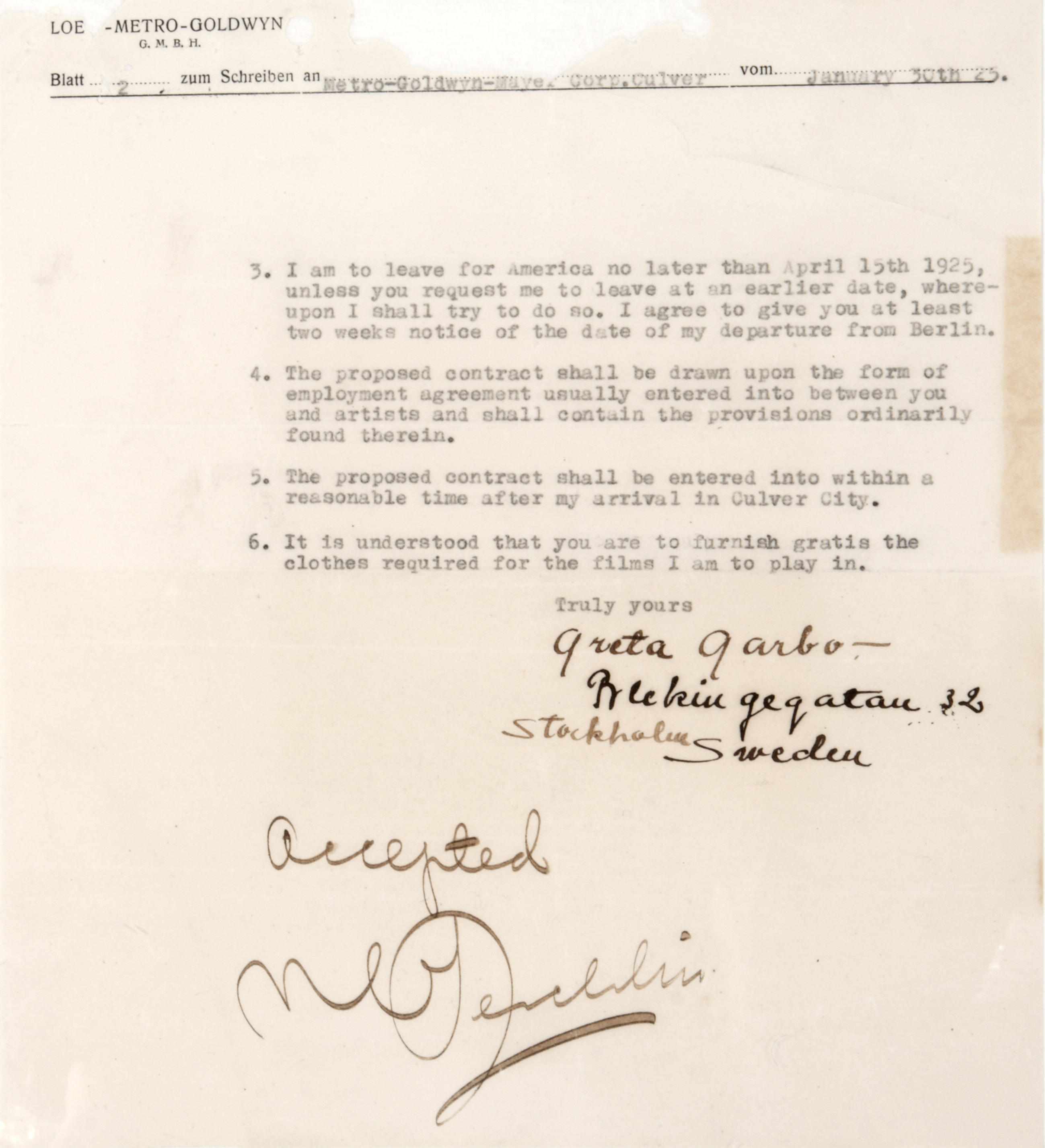 Appraisal: GARBO GRETA - GARBO'S FIRST CONTRACT WITH M G M