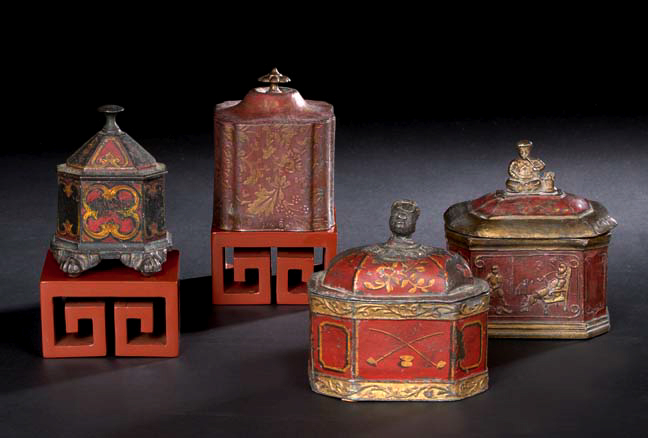 Appraisal: Interesting Collection of Four English Polychromed Lead or Cast-Iron Humidors