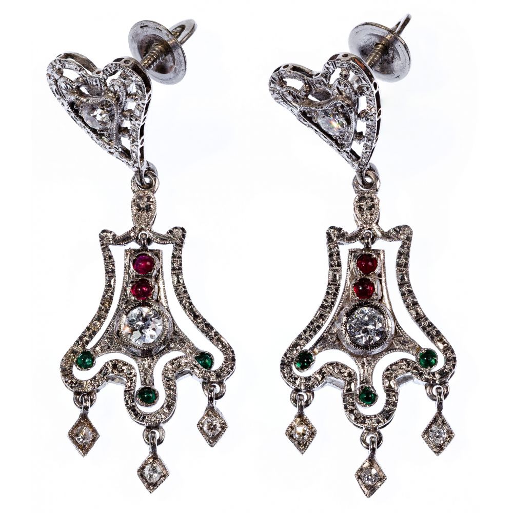 Appraisal: WHITE GOLD EMERALD RUBY AND DIAMOND PIERCED EARRINGSDangle earrings with