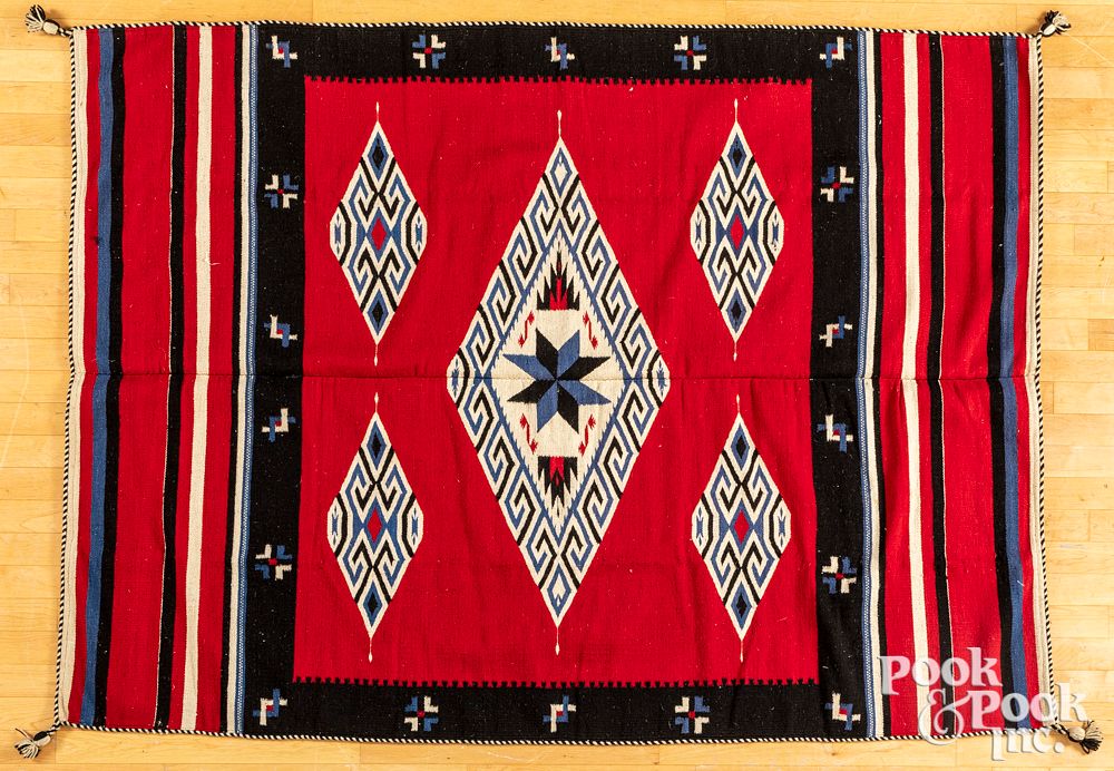 Appraisal: Mexican blanket ca Mexican blanket ca with diamond center medallion