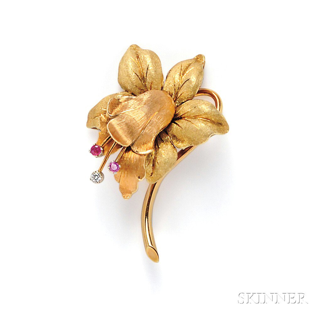 Appraisal: kt Bicolor Gold Gem-set Flower Brooch with circular-cut rubies and