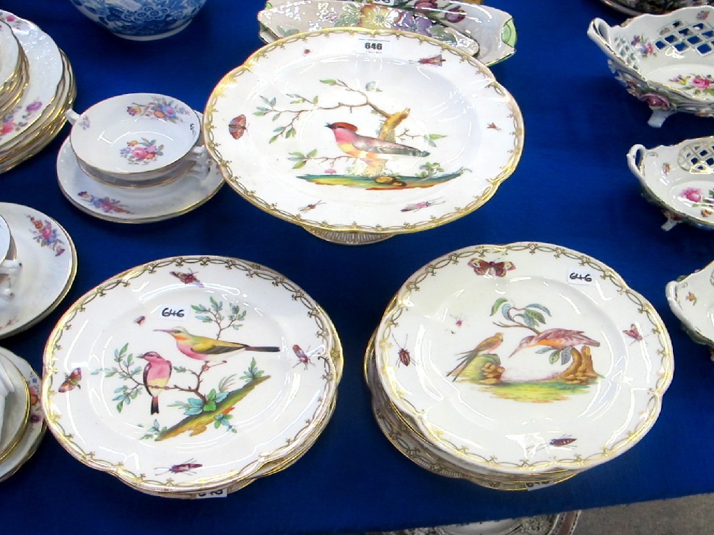 Appraisal: English porcelain part dessert set decorated with ornithological scenes and