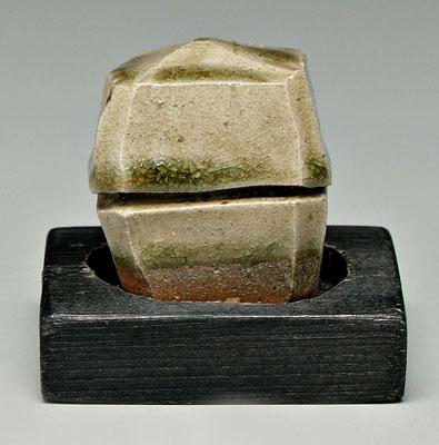 Appraisal: Japanese stoneware incense box faceted square with canted corners olive