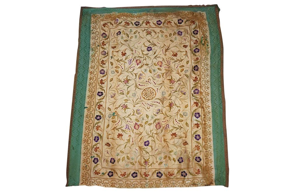 Appraisal: CONTINENTAL EMBROIDERED SILK HANGINGCondition with water stain and soiling to