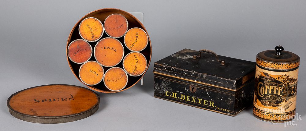 Appraisal: Bentwood spice box together with two tins Bentwood spice box