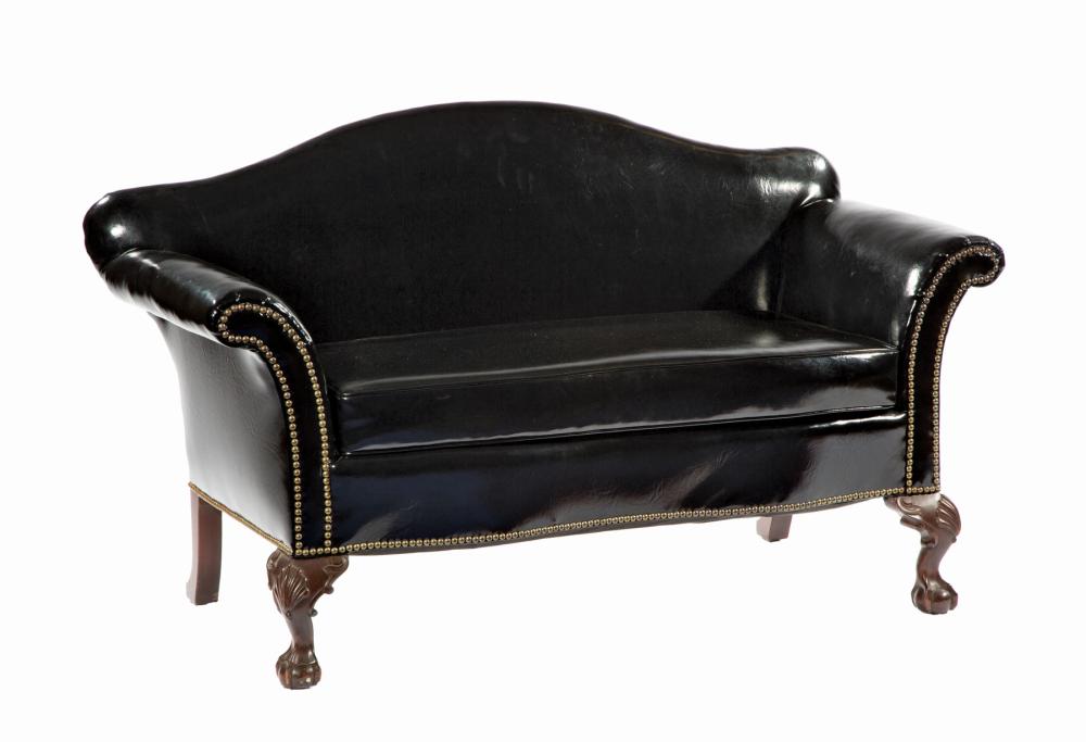 Appraisal: Georgian-Style Leather and Mahogany Settee arched crest scrolled arms brass