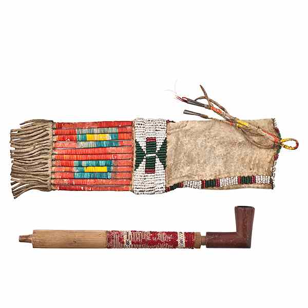 Appraisal: Sioux Beaded Miniature Tobacco Bag and Quilled Pipe Stem with