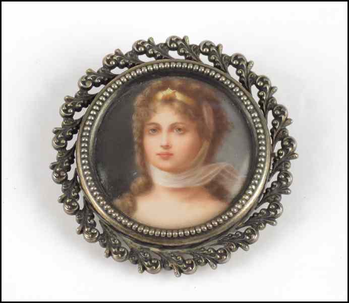 Appraisal: STERLING SILVER PORTRAIT BROOCH Painted porcelain unsigned Diameter '' Condition