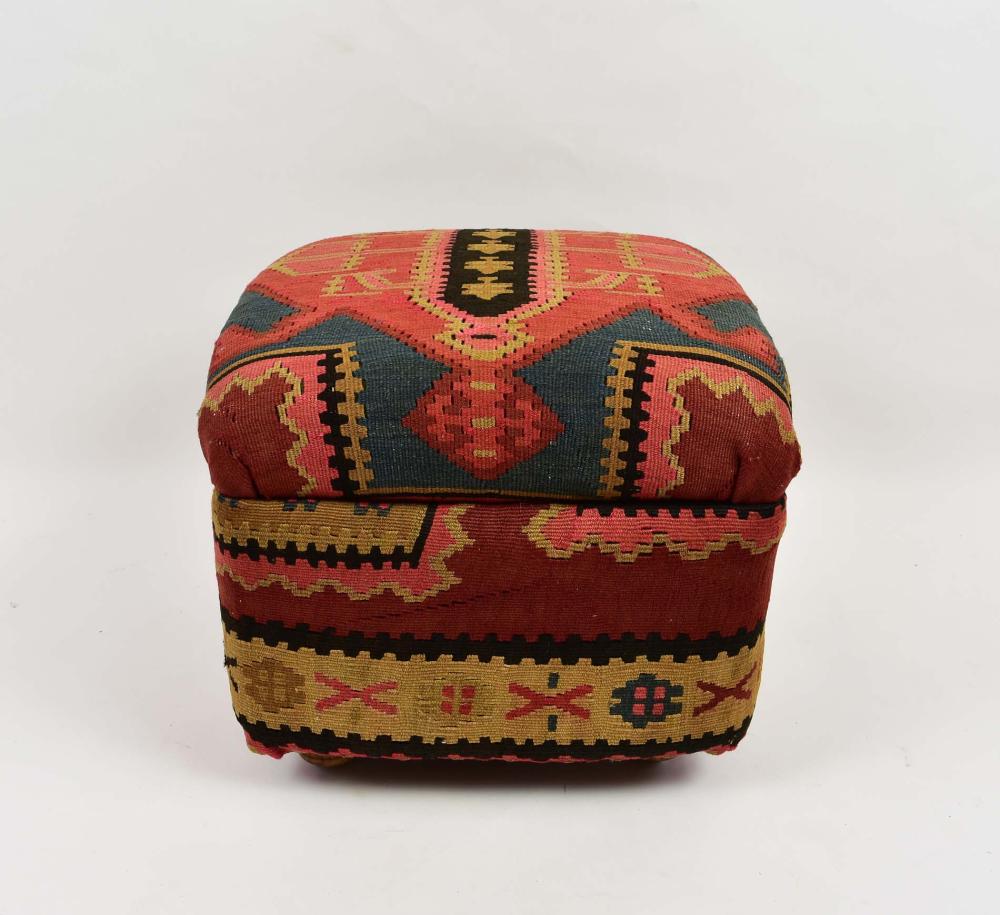 Appraisal: KILIM UPHOLSTERED OTTOMANSquare with a pillow top upholstered in a