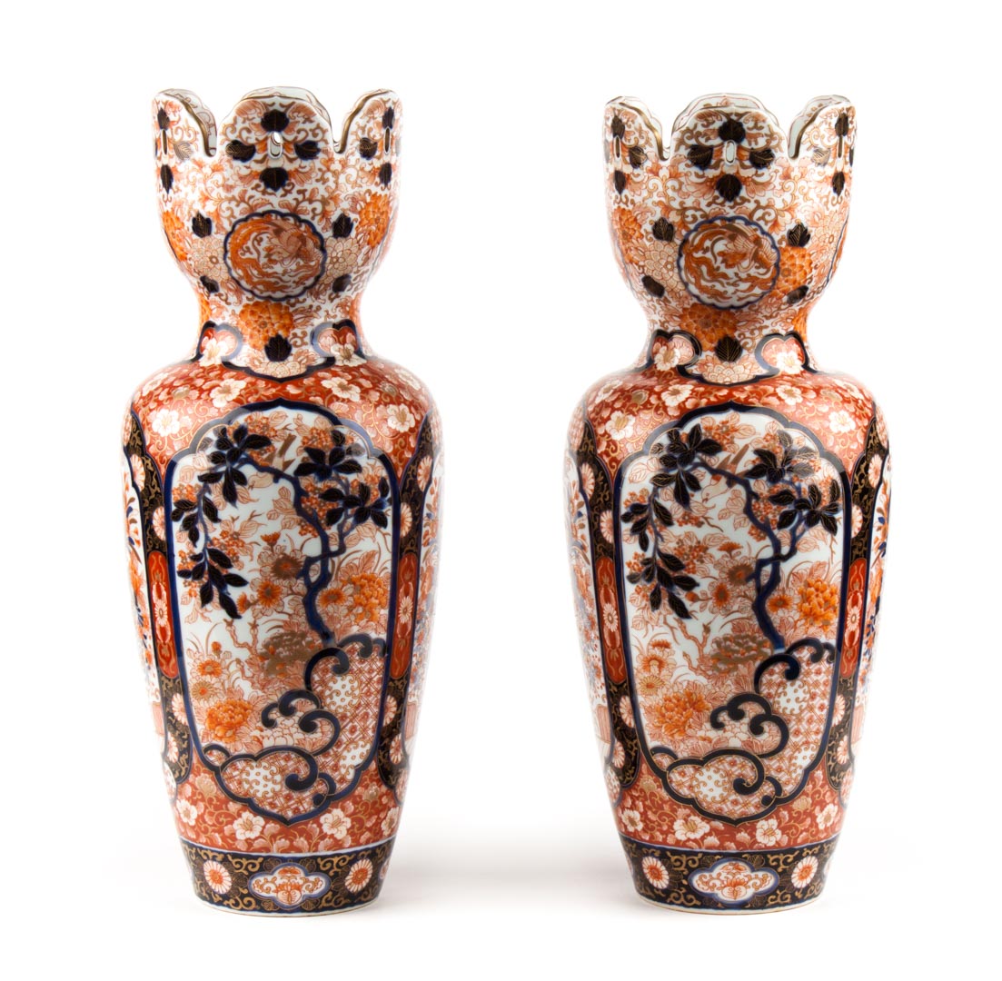 Appraisal: Pair of Japanese Imari porcelain vases circa with pierced scalloped