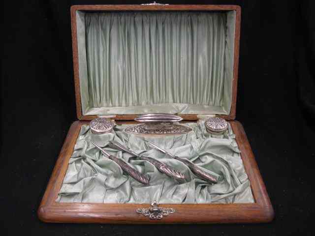 Appraisal: Victorian Oak Box with Lady's Vanity Set '' x ''