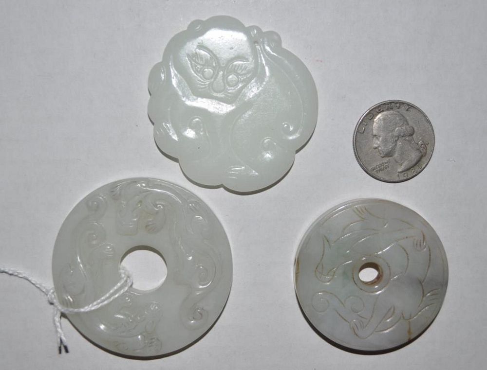 Appraisal: Three Chinese Carved Jade Hardstone Round Plaques the largest with