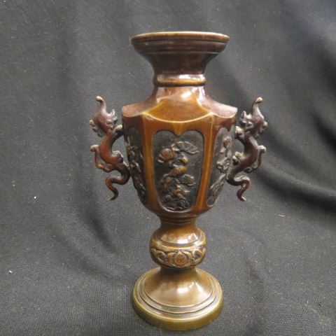 Appraisal: Japanese Bronze Vase serpent handles pedestal base Meiji period excellent