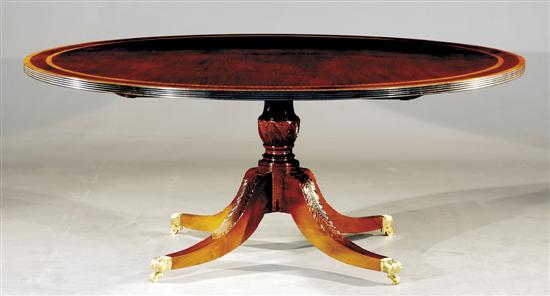 Appraisal: Sheraton style inlaid mahogany dining table triple crossbanded round top