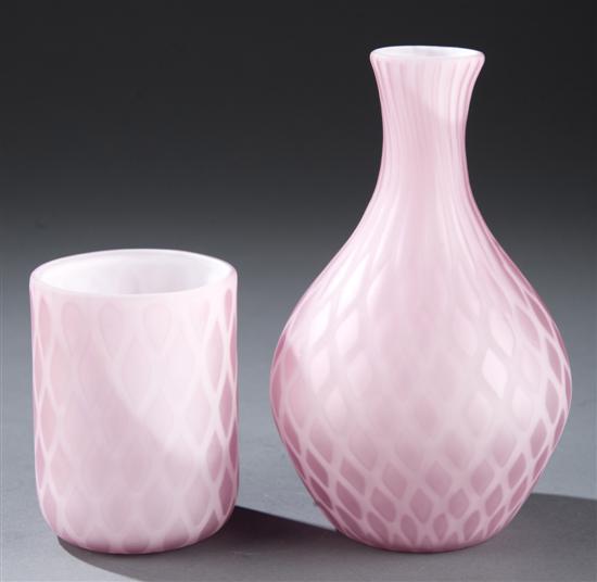 Appraisal: Hand blown pink quilted satin glass crafe with matching cup