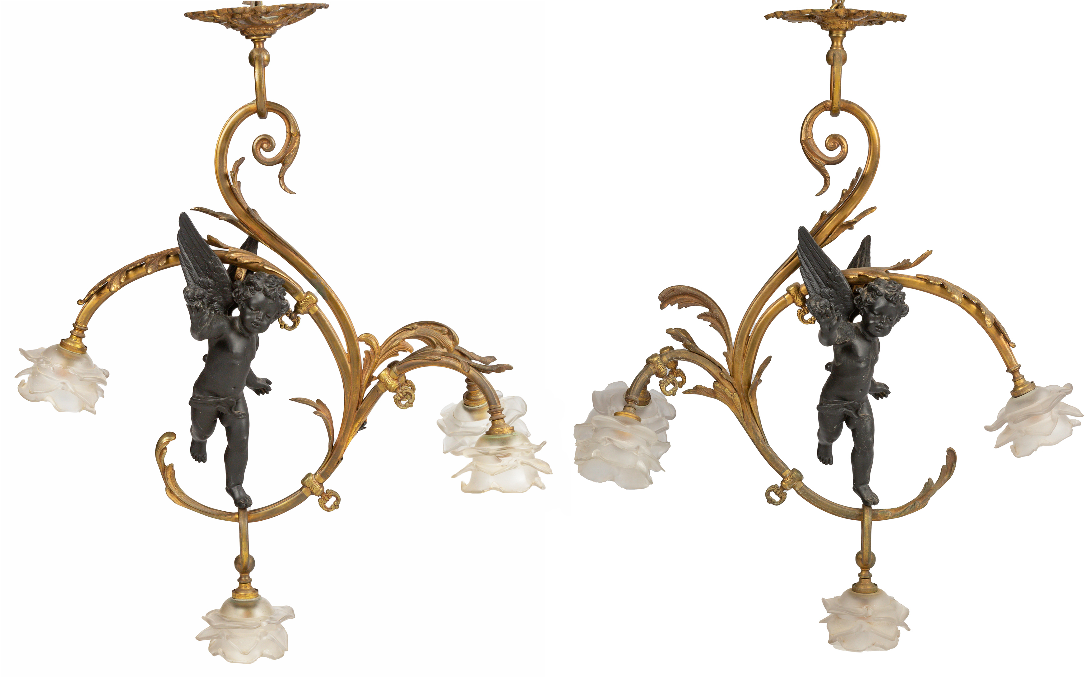 Appraisal: PAIR OF FRENCH BRONZE PARCEL GILT LIGHT HANGING FIXTURES with