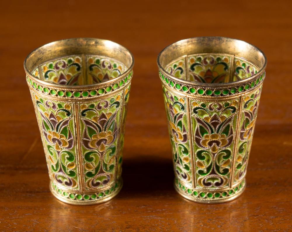 Appraisal: A PAIR OF RUSSIAN PLIQUE-A-JOUR ENAMEL AND GOLD WASH SILVER