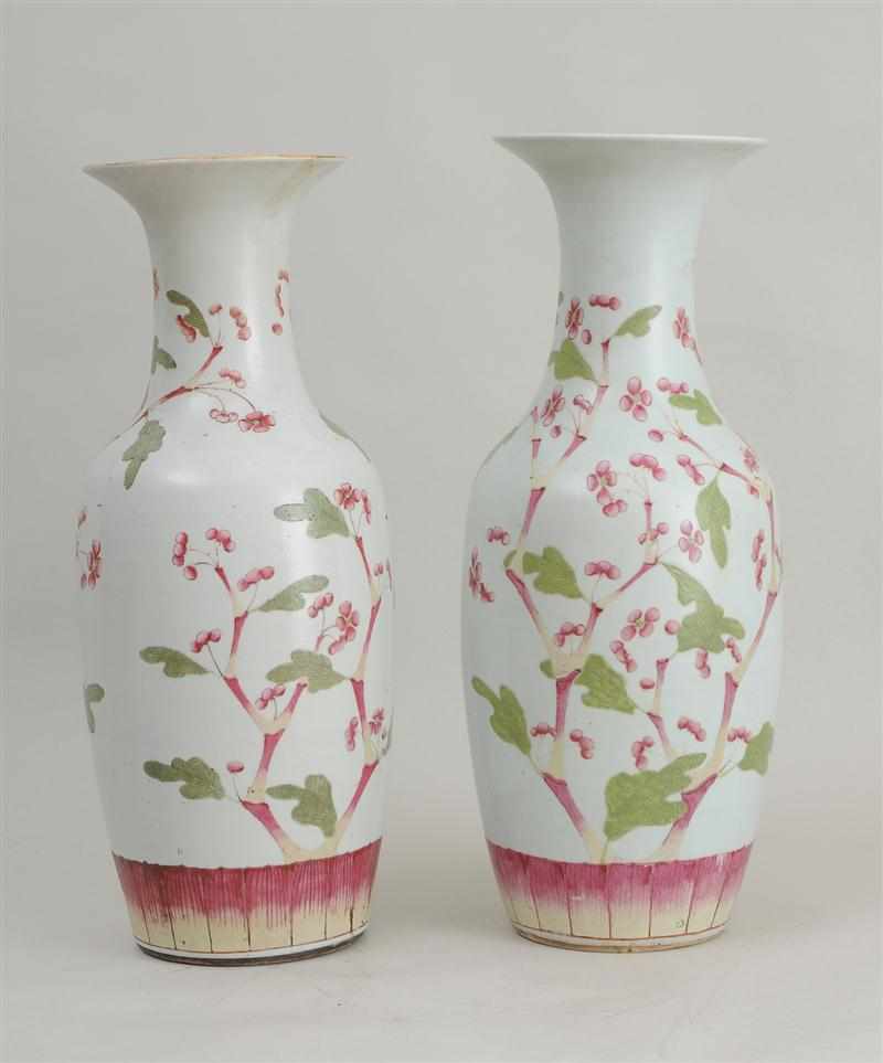 Appraisal: PAIR OF CHINESE ''FAMILLE ROSE'' PORCELAIN BALUSTER-FORM VASES Each enamel