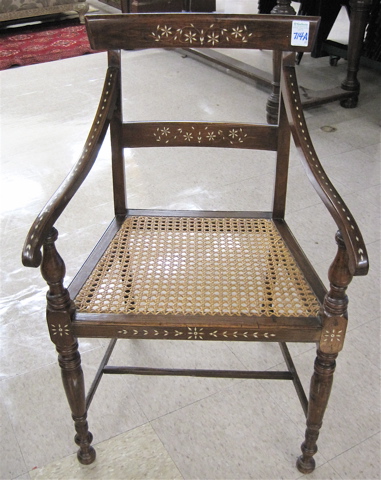 Appraisal: PAIR OF ANGLO-INDIAN INLAID MAHOGANY ARMCHAIRS English Regency style the