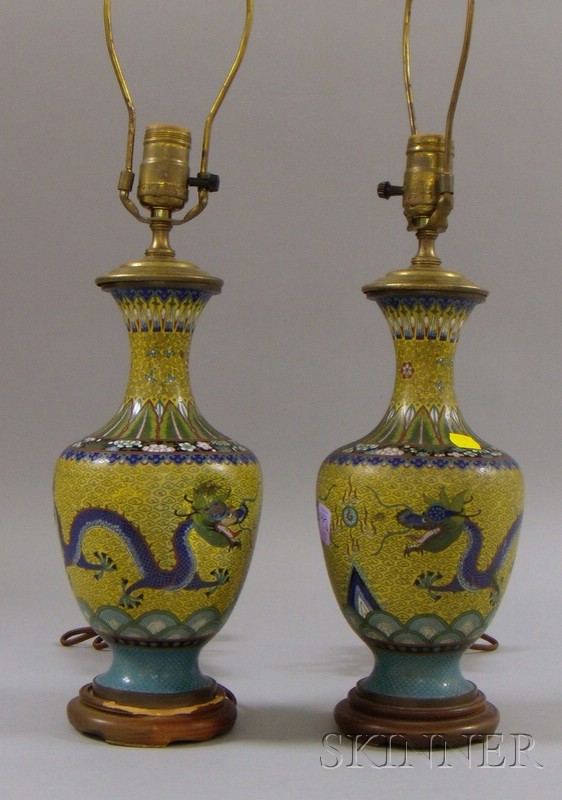 Appraisal: Pair of Asian Cloisonne Dragon Decorated Vase Table Lamps body