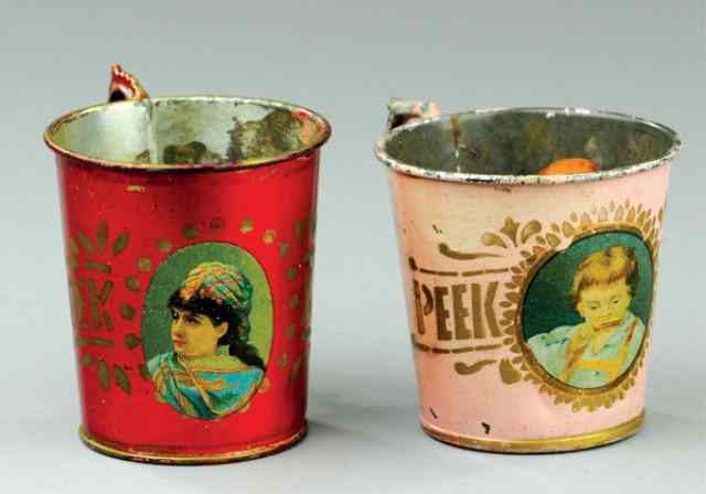 Appraisal: LOT OF TWO ''PEEK-A-BOO'' CUPS Early tin cups with handles