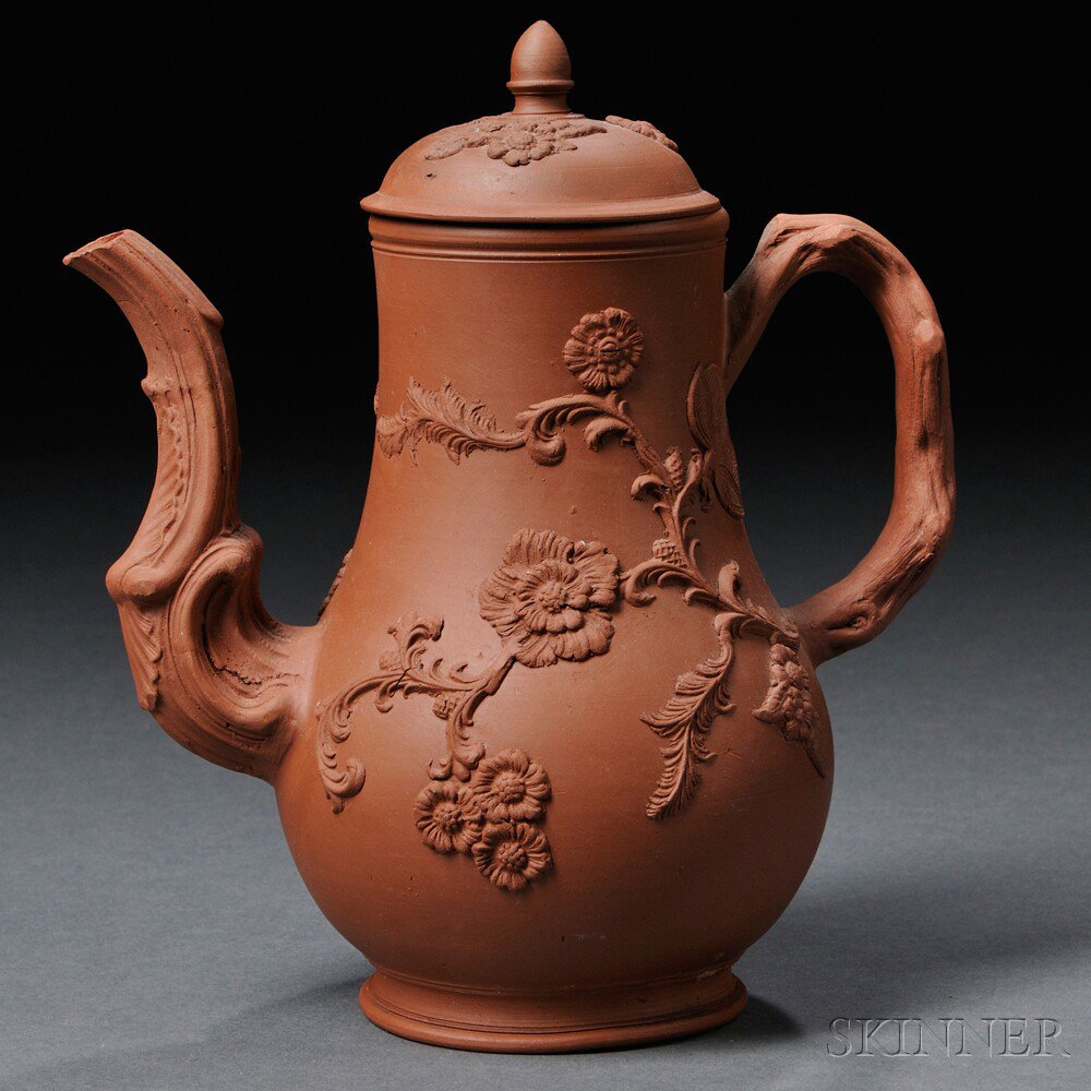 Appraisal: Staffordshire Redware Coffeepot and Cover England c molded crabstock handle