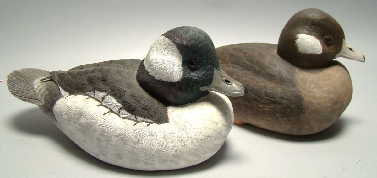 Appraisal: PAIR OF LIFE-SIZE BUFFLEHEAD DUCK DECOYS Decoratively carved by Lewis