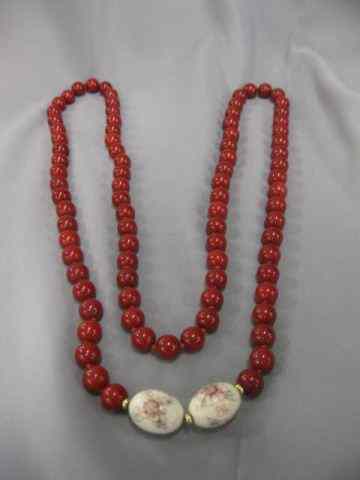 Appraisal: Oriental Necklace red jade and carved ivory '' long