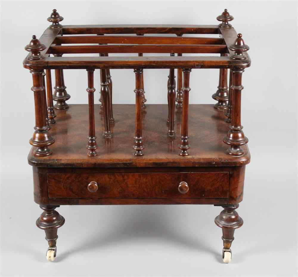 Appraisal: VICTORIAN BURLED WALNUT CANTEBURY circa having a rectangular form with