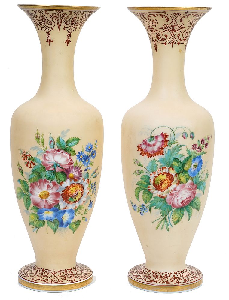 Appraisal: Attr to Baccarat Peach Overlay Opaline Vases Attributed to Baccarat