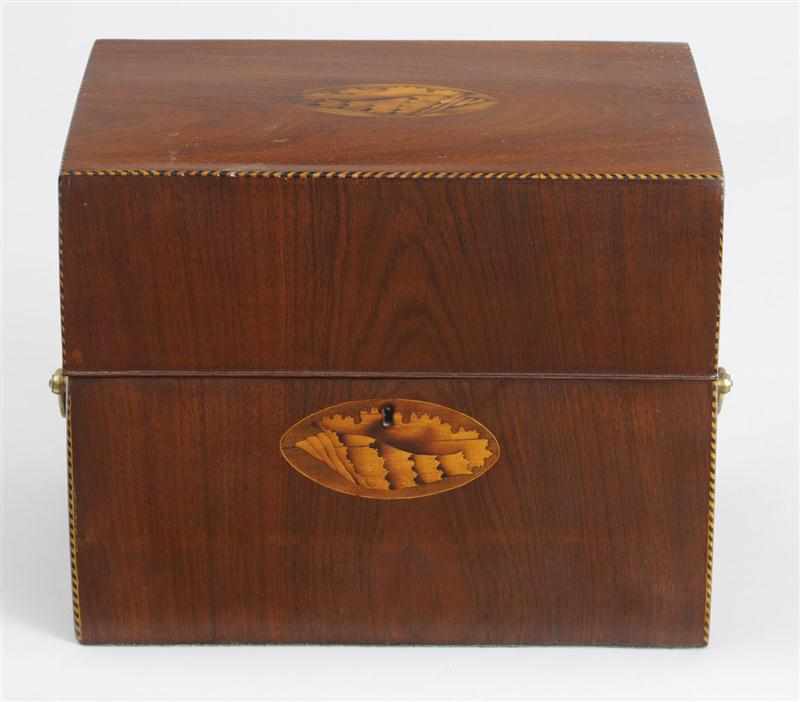 Appraisal: GEORGE III CONCH SHELL-INLAID MAHOGANY DECANTER BOX FITTED WITH SIX