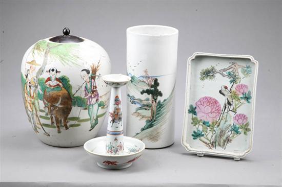 Appraisal: FOUR PIECES OF ASIAN PORCELAIN Hand decorated Ginger jar h