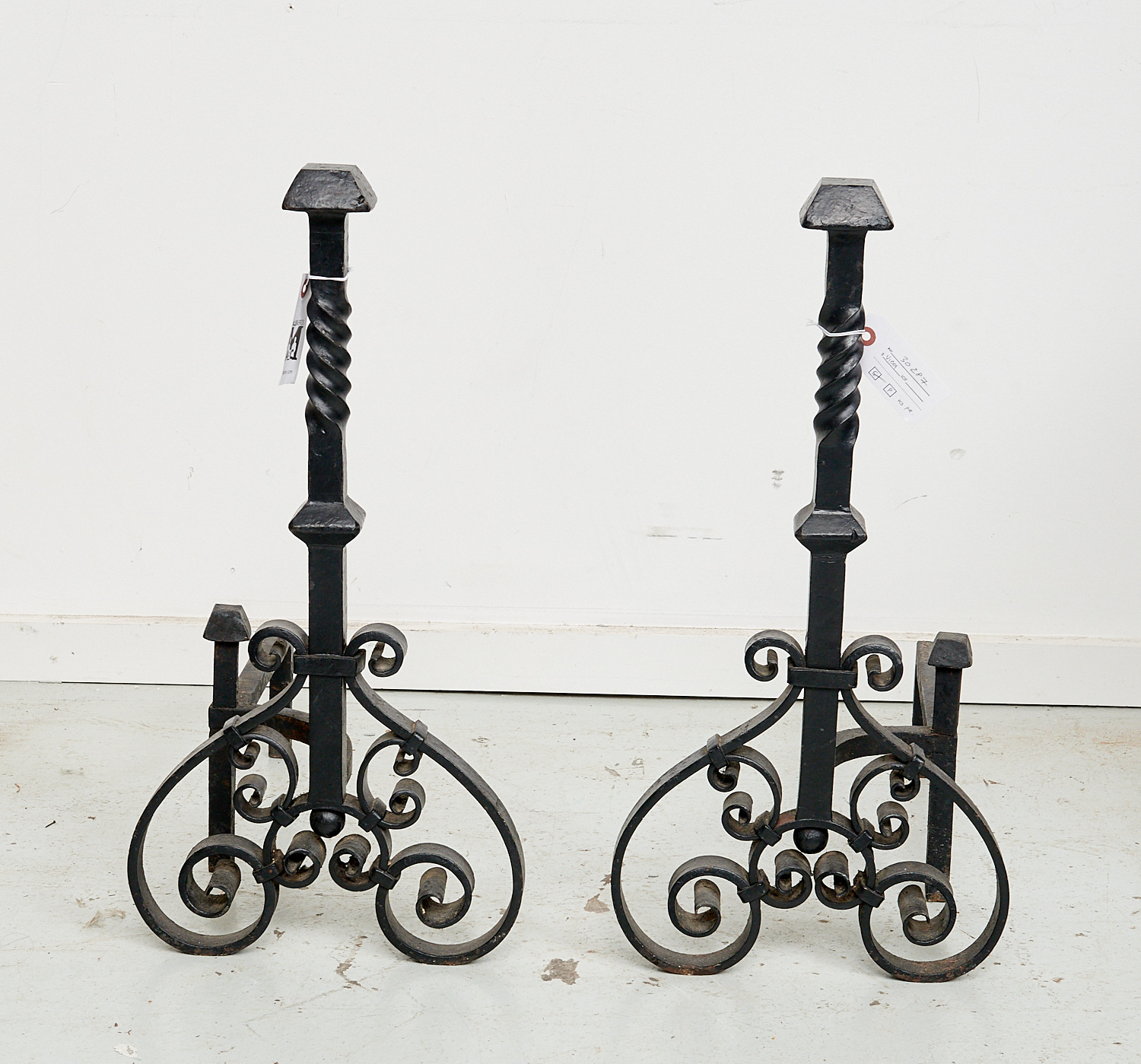 Appraisal: PAIR SAMUEL YELLIN STYLE WROUGHT IRON ANDIRONS th c Arts