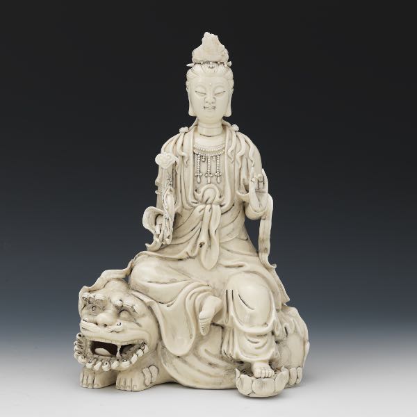 Appraisal: BLANC DE CHINE PORCELAIN FIGURE OF GODDESS GUANYIN ON FOO