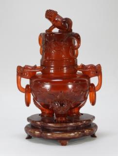 Appraisal: LG Chinese Faux Cherry Amber Incense Burner Censer CHINA TH