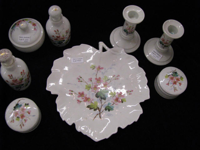 Appraisal: Pc Victorian Porcelain Dresser Set leaf shaped tray jars bottles