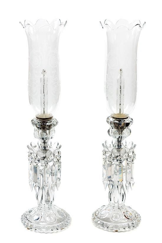 Appraisal: A Pair of Baccarat Etched Glass Hurricane Candlesticks Height inches