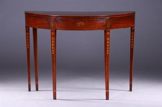 Appraisal: ENGLISH GEORGE III MAHOGANY CARD TABLE Circa - Banded demilune