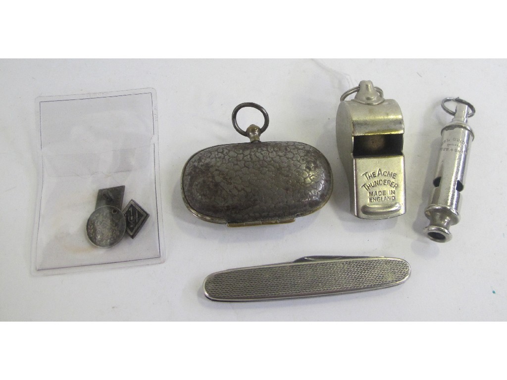 Appraisal: Lot comprising sovereign case two whistles and a pocket knife