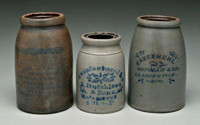 Appraisal: Three Ohio stoneware canning jars salt glazed with blue stenciled