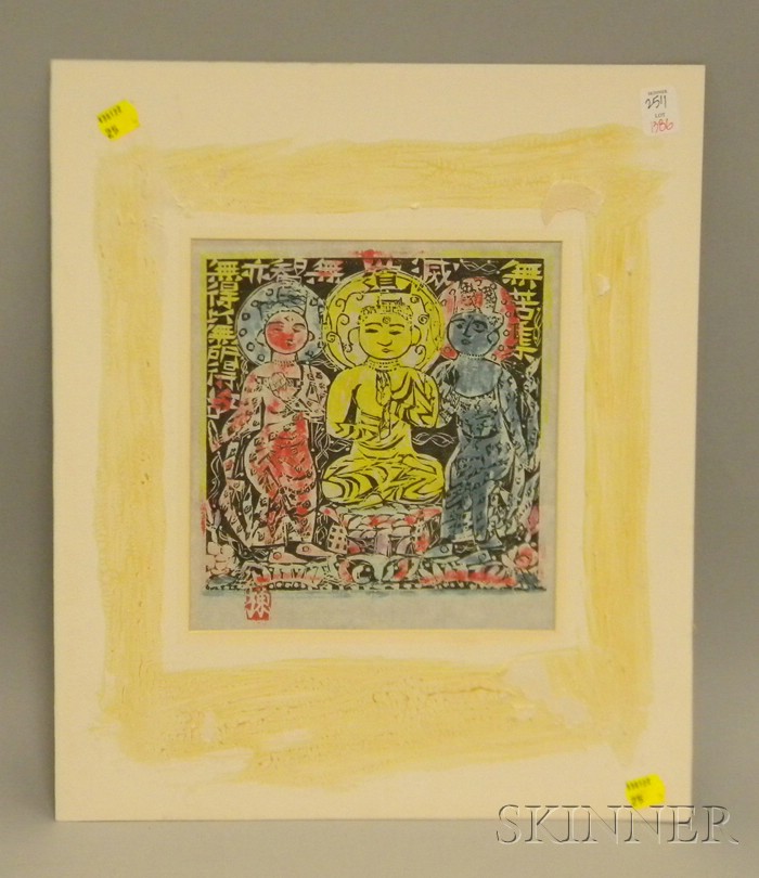 Appraisal: After Munakata Shiko Colored Woodblock Print The Buddha with Bodhisattvas