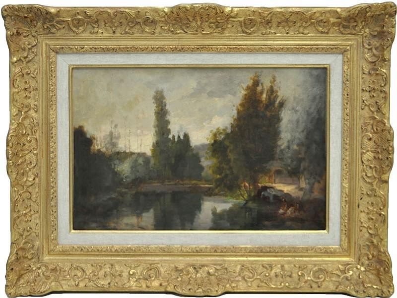 Appraisal: th C FRENCH SCHOOL OIL ON CANVAS LES LAVANDIERES Antique