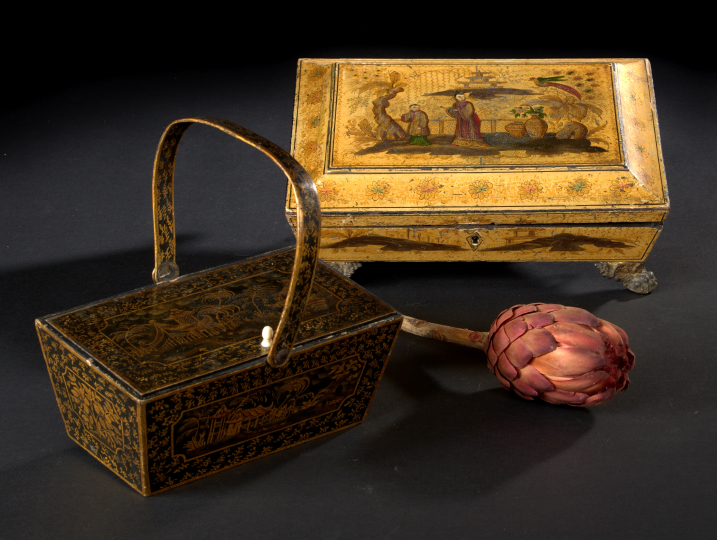 Appraisal: Attractive George IV Brass-Mounted Japanned Wooden Work Box second quarter