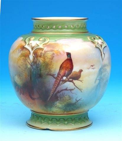 Appraisal: A Royal Worcester vase with hand painted pheasant designs by